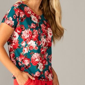 A & D~Dolman Tunic Jade/Red Floral